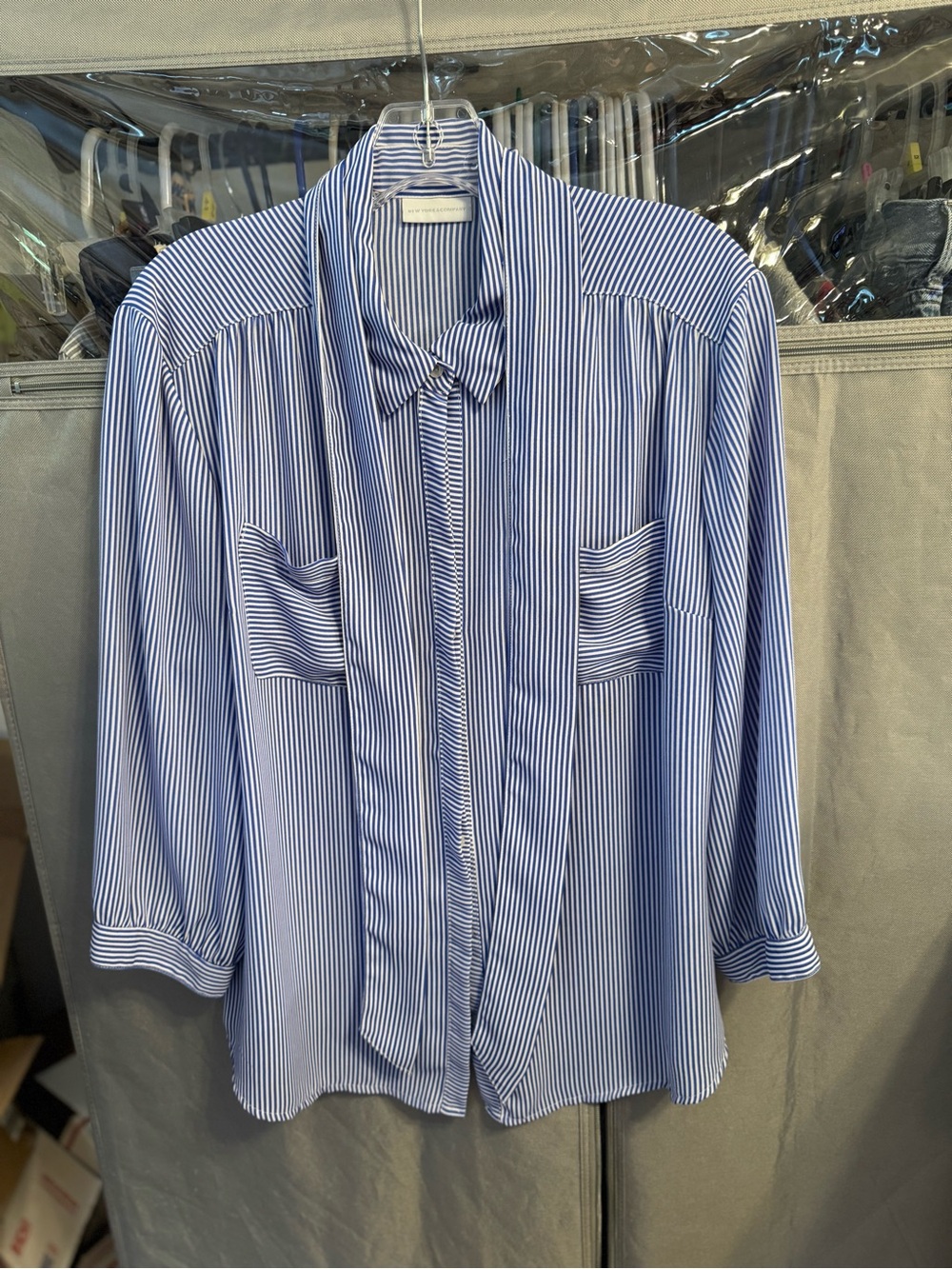 New York & Company Blue and White Striped Button-Up Blouse- Size Large